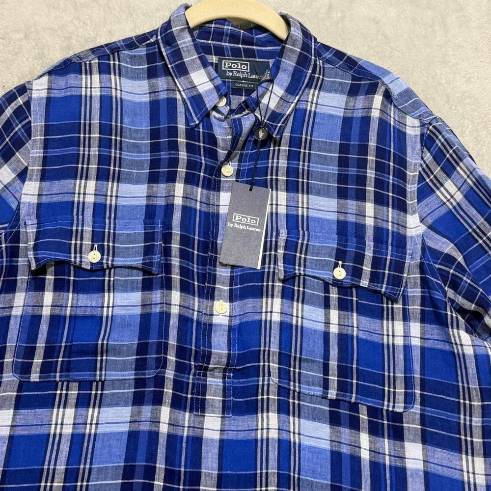 Polo Ralph Lauren Button Down Shirt Mens Medium Blue Plaid Linen Classic Fit